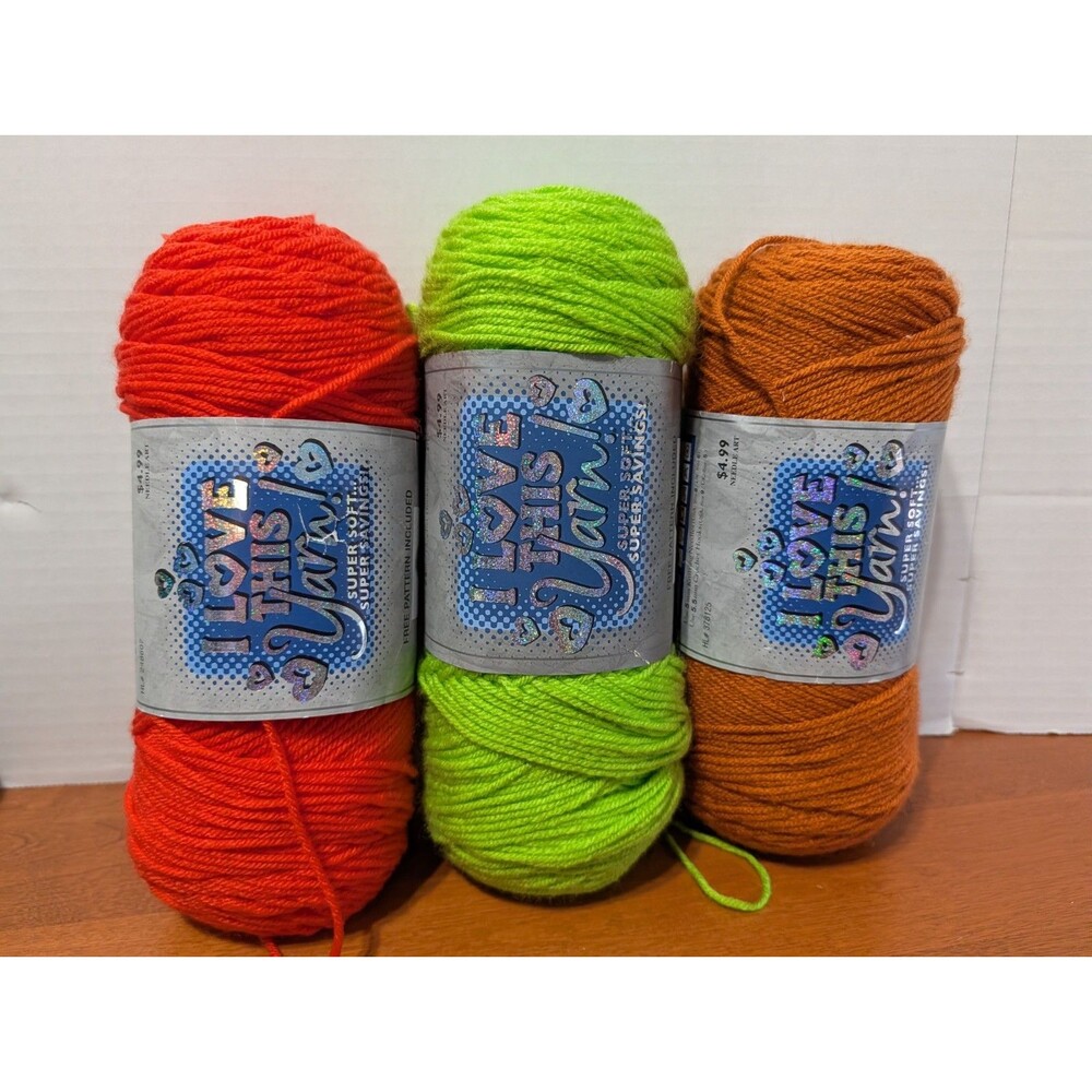 I Love This Yarn 3 Skeins Orange, Limelight, Burnt Pumpkin. 355 yards Per Skein.